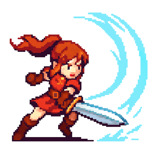 swordsgirl hero attack, sending shockwaves, pixel art, no background.
In-Game asset.  2d.  High contrast.  No shadows