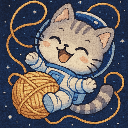 A cute kitten, illustrated in an adorable chibi anime style and wearing an astronaut suit, is playfully tangled in a ball of yarn, floating through space with overwhelming joy. Its eyes are shut tight in pure happiness, and its movements are full of energetic delight.