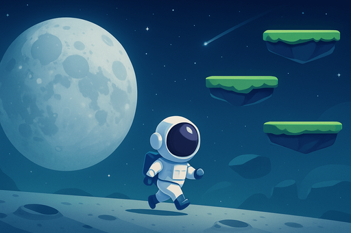 Fullscreen modern App Store landscape banner, 16:9, high definition, for a game titled "Jump Up: Sonsuz Platform Macerası" and with the description astronot in the moon"Karakterin otomatik zıpladığı, sağ-sol yönlendirme ile platformlarda yükseldiğin sonsuz bir parkur oyunu. Platformlar rastgele ve benzersiz şekilde oluşur.". No text on banner!
