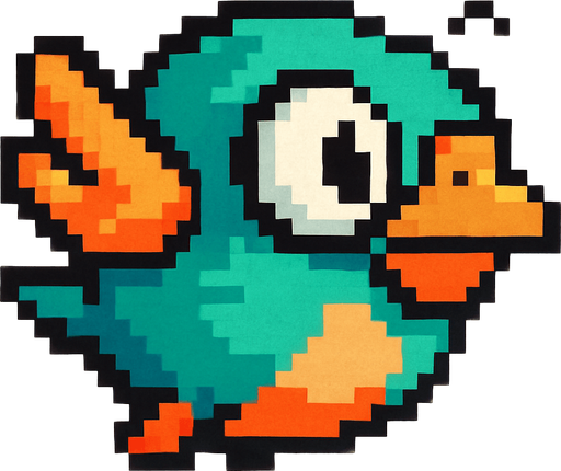 A unique pixel art bird character designed for a 2D side-scrolling game. The bird has a round, compact body and large expressive eyes. Its feathers are colorful, with shades of turquoise and orange, and it has small flapping wings. It has a slightly cartoonish look, with a tiny beak and simple outlines. The bird is seen from the side and appears mid-flight, with its wings lifted. The overall design is cute and distinct from Flappy Bird, but still fits in a retro-style arcade game..
In-Game asset.  2d.  High contrast.  No shadows. pixel art. side view. game character. cute. retro style. colorful