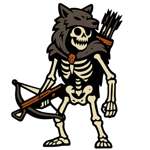 Skeleton with a dead wolf's head as a hood, a Crossbow and a big quiver.
In-Game asset.  2d.  High contrast.  No shadows