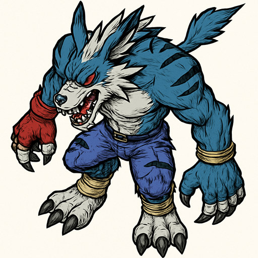 WereGarurumon, visto desde arriba, detalles muy altos, sin errores, original
In-Game asset.  2d.  High contrast.  No shadows