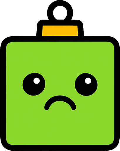 a sad perfectly square bright green Christmas decoration with cute happyy face. Cartoon style. Cute art style. Simple vector style. No Shadows.
In-Game asset.  2d.  High contrast.  No shadows