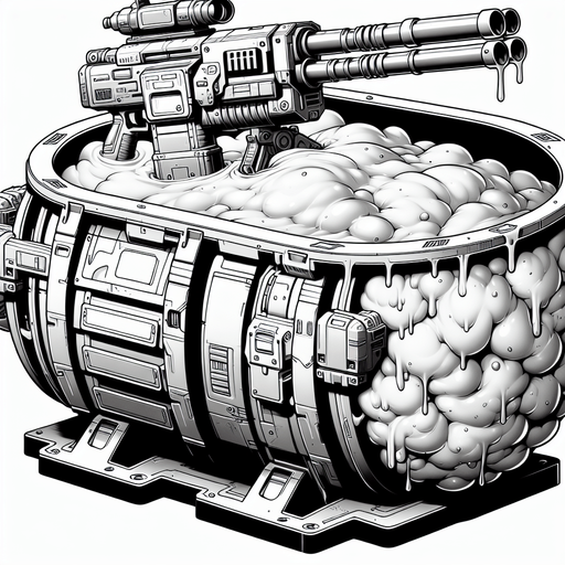 Intergalactic tub of congealed lard armed with integrated Gatling guns.
Single Game Texture. In-Game asset. 2d. Blank background. High contrast. No shadows.