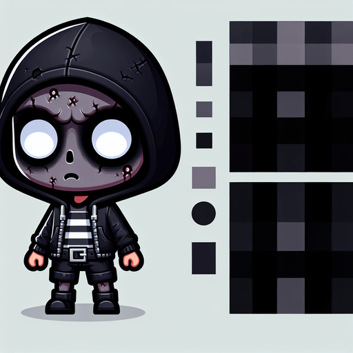 a kid thief in wearing a black hoodie. Also looking like a zombie Single Game Texture. In-Game asset. 2d. Blank background. High contrast. No shadows.