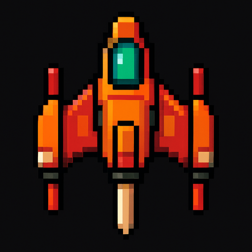 aşağı doğru bakan pixel art bir uzay gemisi.
In-Game asset.  2d.  High contrast.  No shadows