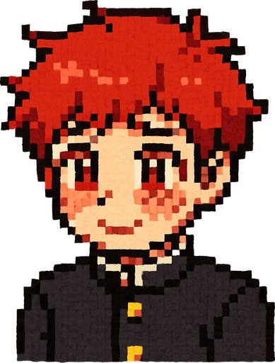 A cute 15-year-old red-haired boy with bright red eyes, wearing a traditional Japanese school uniform (gakuran). He is framed inside a square, showing a shy expression: blushing cheeks, slightly averted gaze, and a small, nervous smile. His shoulders are slightly hunched, giving off a sense of insecurity, yet his cuteness stands out clearly. The image is illustrated in Pixel Art style..
In-Game asset.  2d.  High contrast.  No shadows