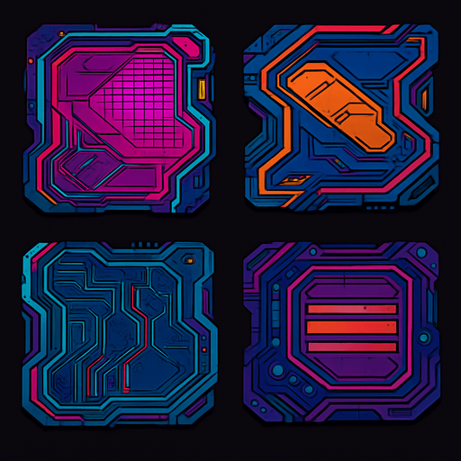 Futuer complicated floors. Cyberpunk. Abstract. separated. Different colors. HD colors.
In-Game asset.  2d.  High contrast.  No shadows