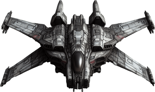 military spaceship flies upward.
Single Game Texture. In-Game asset. 2d. Blank background. High contrast. No shadows.