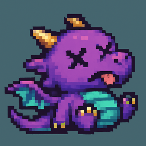 A pixel art version of the baby dragon character shown in a defeated state, designed for a 2D side-scrolling game. The dragon appears to be falling or lying on its back, with X-shaped eyes or closed eyelids. Its wings are limp and slightly spread, the tail droops, and its mouth is slightly open with a small tongue sticking out. The overall design remains cute and fantasy-inspired, with a cartoonish touch, but clearly shows the dragon is no longer active or alive. The colors and features should match the flying version for consistency.