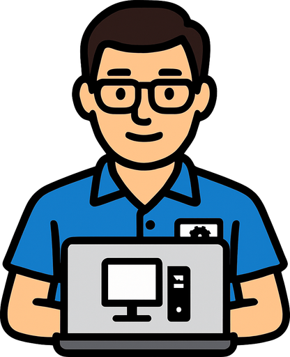 Mavi gömlekli bilgisayar teknikeri personeli.
In-Game asset.  2d.  High contrast.  No shadows