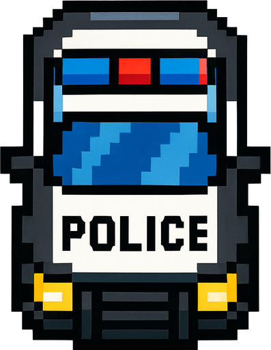 coche de policia hecho con pixeles con perspectiva desde arriba
In-Game asset.  2d.  High contrast.  No shadows