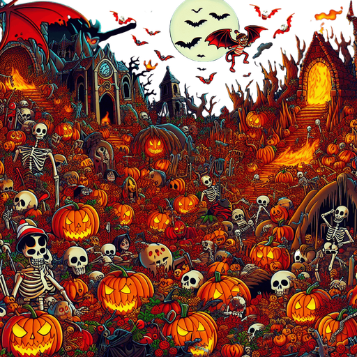 Generate a high quality cartoon background Halloween image on a black canvas similar to the format of where is waldo with a hellish environment.
Single Game Texture. In-Game asset. 2d. Blank background. High contrast. No shadows.