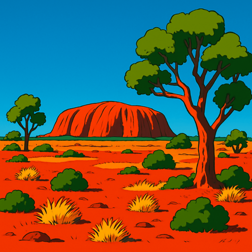 australia desert ghibli style
In-Game asset.  2d.  High contrast.  No shadows