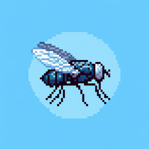 Simple side view of a pixel art fly on a sky blue background 
Single Game Texture. In-Game asset. 2d. Blank background. High contrast. No shadows.