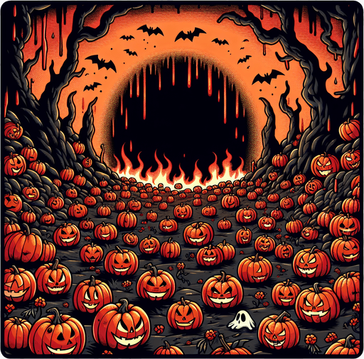 Generate a high quality cartoon background Halloween image on a black canvas similar to the format of where is waldo with a hellish environment filled with pumpkins.
Single Game Texture. In-Game asset. 2d. Blank background. High contrast. No shadows.