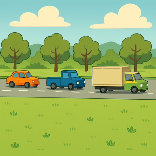 a grassy field with road trees and vehicles.
In-Game asset.  No shadows