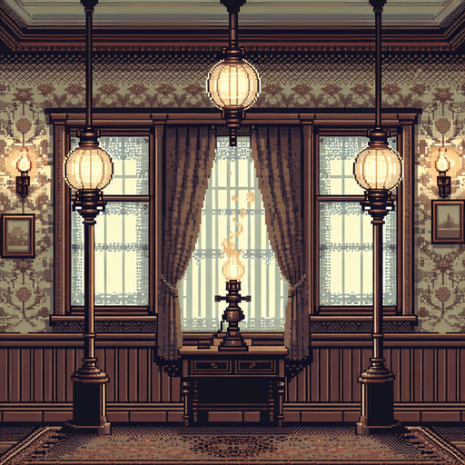 The wallpaper of a Victorian home. Muted pattern, old and vintage, Edwardian style pixel art. Pixel art gas lamps in a dark room.
Single Game Texture. In-Game asset. 2d. Blank background. High contrast. No shadows.