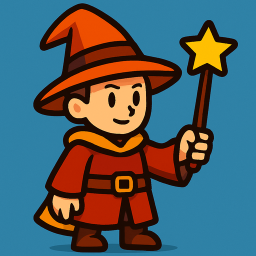 Mago con sombrero naranja y marrón sin barba con varita con estrella, de cuerpo entero.
In-Game asset.  2d.  High contrast.  No shadows
