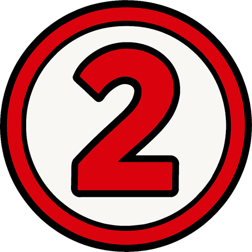 Numero 2 de color rojo dentro de un circulo blanco..
In-Game asset.  2d.  High contrast.  No shadows. Cartoon 2D