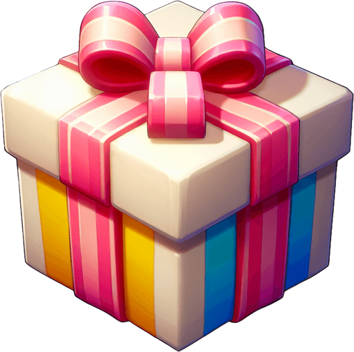 gift wrapped box, bright light colours. with bow on top Single Game Texture. In-Game asset. 2d. Blank background. High contrast. No shadows. Single Game Texture.