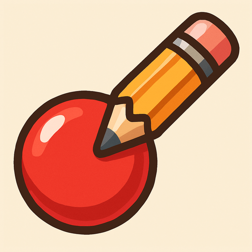 Yuvarlak bir şeker ve üstünde ona ucu değen sağ üstte bir kalem.
In-Game asset.  2d.  High contrast.  No shadows