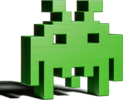 It looks like a bright green space invader.
Single Game Texture. In-Game asset. 2d. Blank background. High contrast. No shadows.
