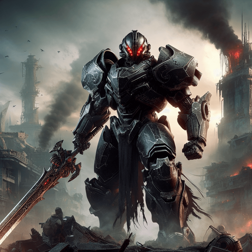 {
 "A dark and intimidating enemy, standing tall in a futuristic battlefield. They wear black, heavy armor, with glowing red eyes visible through a helmet. The background shows a war-torn city, with smoke rising from ruined buildings. The enemy holds a large, menacing sword, ready for battle. Their posture is aggressive, exuding power and malice. The atmosphere is tense, with a sense of impending doom.".
Single Game Texture. In-Game asset. 2d. Blank background. High contrast. No shadows.