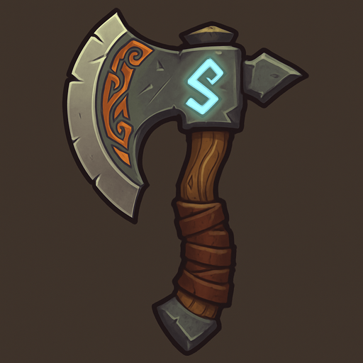 A stylized fantasy axe with a broad, curved blade and intricate engravings. The handle is wrapped in worn leather, and the metal has a slightly weathered look, giving it a battle-worn feel. The design is bold and exaggerated, suitable for an orc warrior, with a glowing rune etched into the blade. The style is high-fantasy with clean lines, vibrant highlights, and a dramatic shadow for depth. Perfect for 2D game assets or concept art..
In-Game asset.  2d.  High contrast.  No shadows
