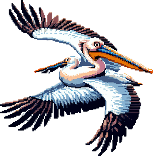 8-bit profile of pelican flying straight.
Single Game Texture. In-Game asset. 2d. Blank background. High contrast. No shadows.