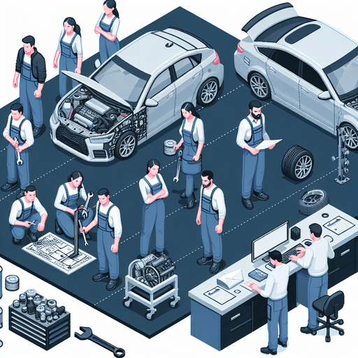 A garage with employees who can repair the cars.
Single Game Texture. In-Game asset. 2d. Blank background. High contrast. No shadows.