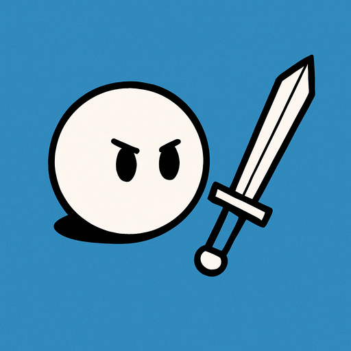 White simple circular enemy seen from above, black outline. Black eyes, with a single Sword in-font of it. Black and white only. Blue background.