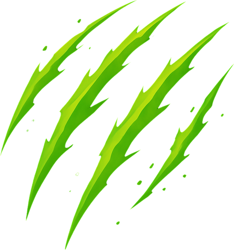 Small green claw slash effect. 2D. Top View..
In-Game asset.  2d.  High contrast.  No shadows