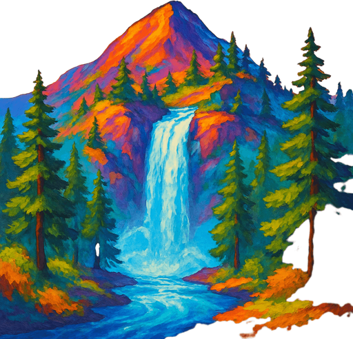 There is a mountain, a waterfall down the mountain and trees on the mountain.with ultra vibrant colors and fill all of the texture

. background