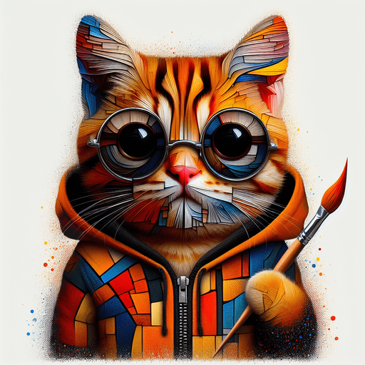 The character is reimagined as an homage to the essence of Picasso's artistry, transforming the cartoon-style orange tabby cat into a figure of abstract fascination. Its once round face now adopts an intriguing assortment of angles and planes, suggestive of Cubism's revolutionary approach, with oversized round black opaque sunglasses, and a pronounced red pout all reinterpreted through geometric distortion. The stripes of the cat's fur morph into a tapestry of fragmented shapes, blending shades and tones in unexpected juxtapositions that challenge conventional perspectives.

Splatters of color across its form not only signify its role as an artist but also pay tribute to Picasso's vibrant palette, with hues that break free from the confines of form and structure. The cat's body, while maintaining its smaller scale compared to its head, is depicted with a cubist's freedom, breaking the boundary between dimension and representation. Clutching a paintbrush, the cat becomes a beacon of creative expression, surrounded by a halo of color and form that defies the ordinary.

Adorned in a simple hoodie, now reimagined as a canvas of abstracted shapes and colors, the cat sits poised, embodying the relaxed yet profoundly transformative essence of Picasso's artistic legacy. This character, through playful abstraction and whimsical creativity, stands as a mascot for the boundless imagination of art, perfect for inspiring a love of creativity in a children's book or as a distinctive figure in any artistic endeavor."

This description embraces the spirit of Picasso's work—innovative, bold, and ever-challenging the viewer's perception—while tailoring the essence to fit the unique character of this artistic cat..
Single Game Texture. In-Game asset. 2d. Blank background. High contrast. No shadows.