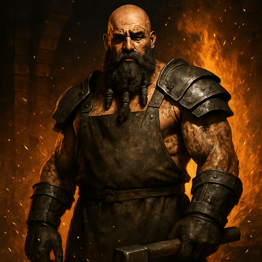 A towering warrior-blacksmith with soot-covered muscles and iron gauntlets, standing before a blazing forge. Male, 47 years old, bald with a thick black beard braided with iron rings, dark brown eyes, and deeply tanned, scarred skin. Wearing a leather apron and iron shoulder guards, wielding a massive smith-hammer. Sparks fly around him. Realistic, highly detailed, fiery forge setting. realistic.
In-Game asset.  2d.  High contrast.  No shadows