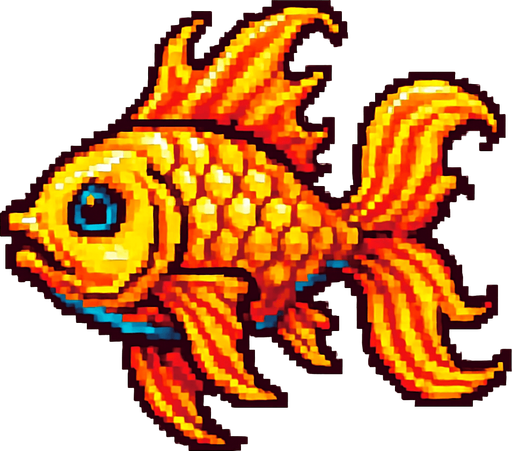A shining golden mythical fish. Side profile, swimming. 
80s arcade machine graphics. White background. 
In-Game asset.  2d.  High contrast.  No shadows