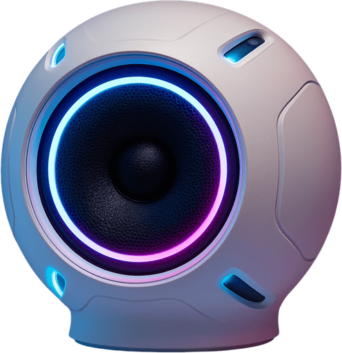 Futuristic speaker in the shape of a white orb. Face view