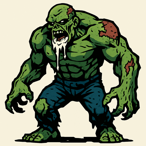 bana büyük bir zombi yap ama yine ağızında salyalar olsun dağınık olsun ve güçlü dursun.
In-Game asset.  2d.  High contrast.  No shadows