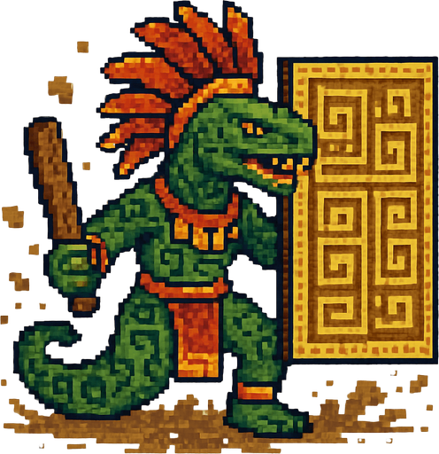 Generame un guerrero azteca con patrones, estilo pixelar, además será un animal Anaconda verde, con efectos de tierra, cargando un gran escudo o muro..
In-Game asset.  2d.  High contrast.  No shadows