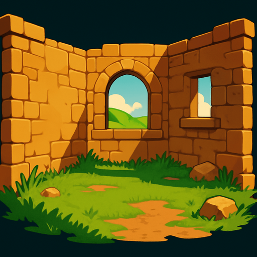 Create a beautiful place with grassy, earthy views, but it should not have a roof; it should have walls..
In-Game asset.  2d.  High contrast.  No shadows