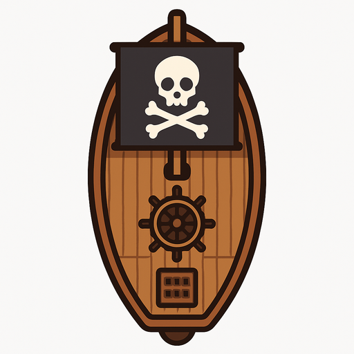 2D vector illustration of a pirate ship from top view perspective, minimalistic flat design, clean lines, no background (transparent), realistic ship shape, visible deck, helm, and other top-side details, symmetrical composition.. In-Game asset..
In-Game asset.  2d.  High contrast.  No shadows