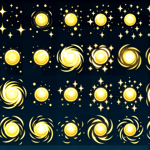 A sprite sheet of different round wisps. Like fireflies. Yellow in color, very bright center with a dimmer aura on the outside. 

Single Game Texture. In-Game asset. 2d. Blank background. High contrast. No shadows.