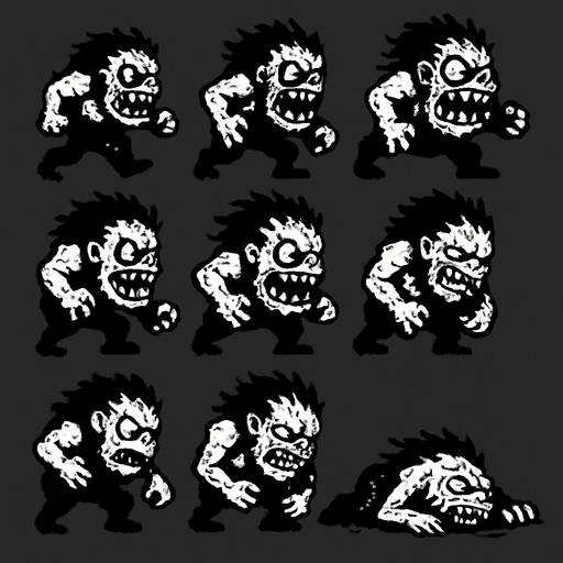 Sprite sheet of a monster enemy that has crucked teeth and a crazy eye. The sprite sheet has different frames of the enemy doing actions like run , attack , dodge, hurt and die..
High contrast