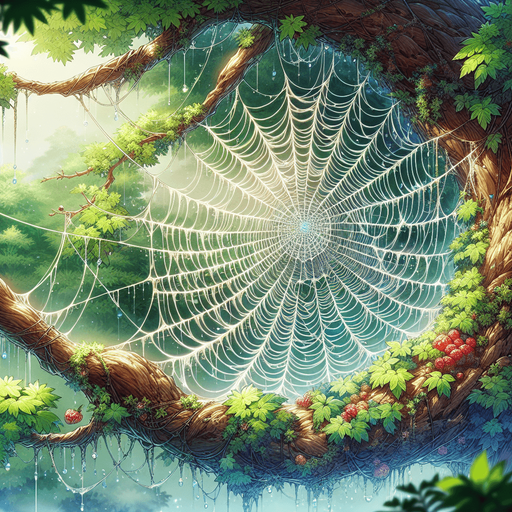 amazing spider web on tree branch. anime image. green landscape
Single Game Texture.  In-Game asset.  2d.