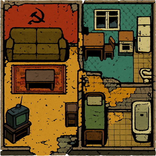 A 80's Soviet apartment, slightly ruined but in use.
In-Game asset.  2d.  High contrast.  No shadows. Top down view