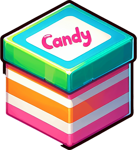 scatola vuota, ma colorata con scritta candy.
Single Game Texture. In-Game asset. 2d. Blank background. High contrast. No shadows.