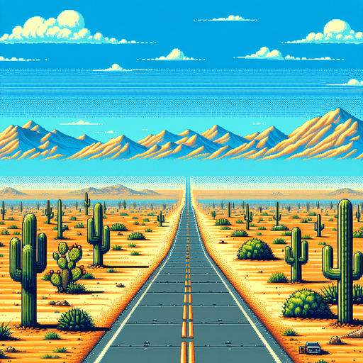 desert landscape with a straigth road centered..
video game style