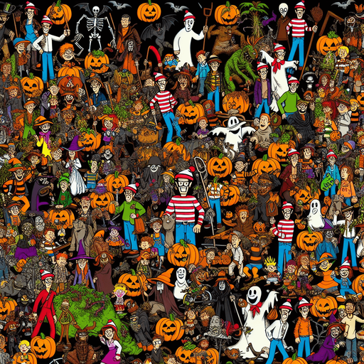 Generate a high quality cartoon background Halloween image on a black canvas similar to the format of where is waldo.
Single Game Texture. In-Game asset. 2d. Blank background. High contrast. No shadows.