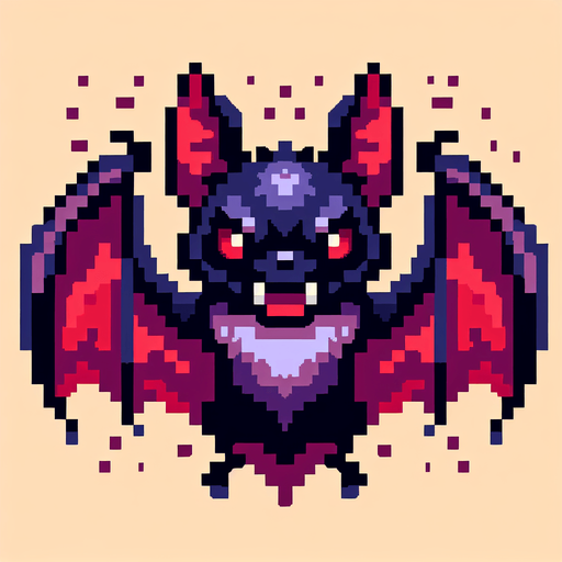 pixelart vampire bat.
Single Game Texture. In-Game asset. 2d. Blank background. High contrast. No shadows.
